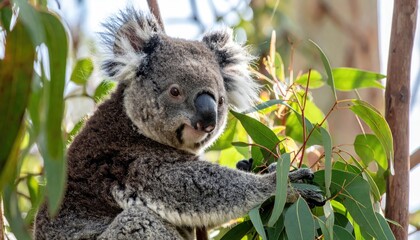 Obraz premium Koala Eating Eucalyptus Leaves: An adorable koala bear enjoys a meal of fresh eucalyptus leaves in its natural habitat, showcasing its fluffy fur and endearing expression.