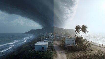 Split-screen coastal transformation reveals dramatic shoreline changes over decades through compelling before and after comparison