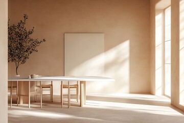 Fototapeta premium Spacious, neutral-toned dining area with natural light.