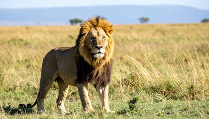 Naklejka premium Majestic Lion on the Savannah: A magnificent male lion stands proudly in the expansive savanna, his imposing presence and keen gaze conveying power, vigilance.