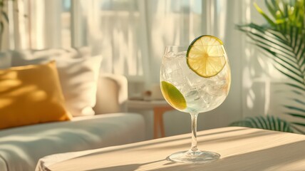 Classic Gin and Tonic with Ice Cubes and a Slice of Lime on a Table in a Bright Living Room
