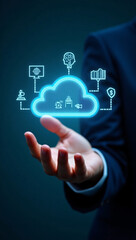 Fototapeta premium A person's hand holding a glowing cloud with digital icons floating around it, suggesting cloud computing and data storage 