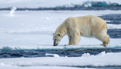 Solitary Wanderer: A majestic polar bear navigates the icy expanse, its stark white fur contrasting against the serene blues and whites of the Arctic landscape, a poignant symbol of survival.