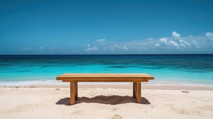 Fototapeta premium Empty minimalist wooden table on tropical beach, soft sand and ocean in the background