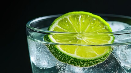 Classic Gin and Tonic with Ice Cubes and Fresh Lime Slice in a Clear Glass against Dark Background