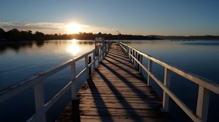 Fototapeta premium Capture Long Dramatic Jetty Shadows At Sunset Illuminating Pier Boards With Warm Golden Light Texture
