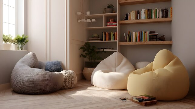 Cozy reading corner with plush bean bags bookshelf and soft ambient lighting inspires relaxing escapes