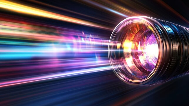 High speed camera lens vibrant light streaks dynamic motion technology photography