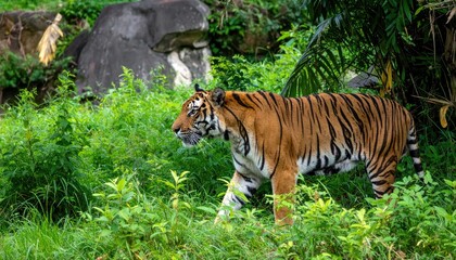 Fototapeta premium Striking Tiger in Lush Jungle: A majestic tiger with vibrant orange and black stripes silently stalks through a dense, verdant jungle. Its powerful presence commands attention.