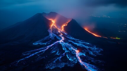 Fototapeta premium Neon blue lava streams flowing down volcanic mountainside illuminate night sky, mesmerizing molten river display