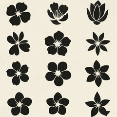 Obraz premium A collection of twelve simple, black flower silhouettes arranged in a grid pattern against a cream background. The flower styles vary.