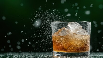 Classic Whiskey on the Rocks with Golden Liquid Swirling and Ice in Glass on Dark Background