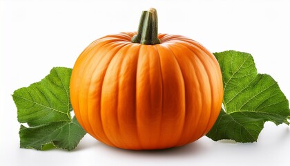 pumpkin with green leaves isolated on white