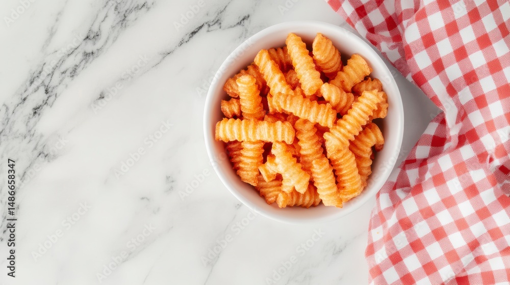 Poster top view of a bowl of cooked rotini pasta in tomato sauce on a marble surface with a red and white c