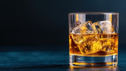 Classic Whiskey On The Rocks With Golden Liquid Swirling Around Ice Cubes In A Dark Environment