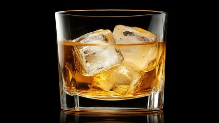 Classic Whiskey On The Rocks With Golden Liquid Swirling In A Glass Tumbler Against Black Background