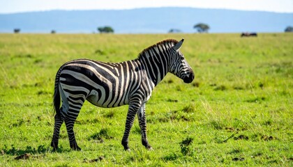 Naklejka premium Zebra on Savanna: A stunning zebra stands proudly on the sun-drenched savanna, its striking black and white stripes creating a mesmerizing contrast against the lush green grass and expansive sky.