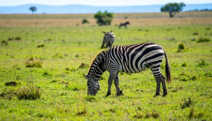 Naklejka premium Zebras in African Savannah: Observe a zebra grazing peacefully in a vast savannah landscape, painted with natural colors, while another one stands watch, in perfect harmony with nature.