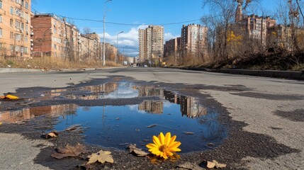 Obraz premium Urban street scene with a single flower in a puddle.