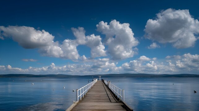 Jetty with blue sky and white clouds inspiring morning tranquility coastal walk adventure photography opportunities