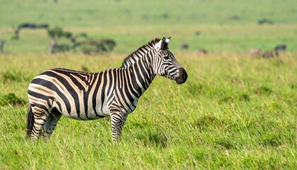 Naklejka premium Serene Zebra in Savannah: A lone zebra stands majestically in a vast savanna grassland. The zebra's striking black and white stripes stand out against the green background.