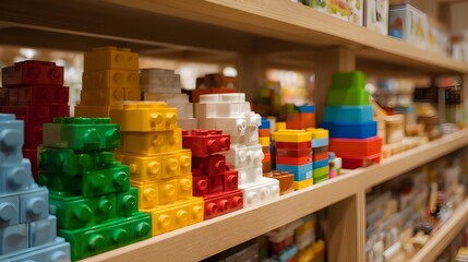 Colorful building blocks and educational toys stacked on shelves spark creativity, inspire imaginative play sessions