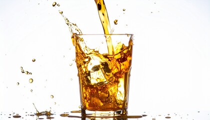 Liquid falling into glass isolated on white background