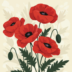 Fototapeta premium Illustration of vibrant red poppies with dark centers and green stems/leaves against a beige background with floral shadows. Bold, cheerful, and floral.