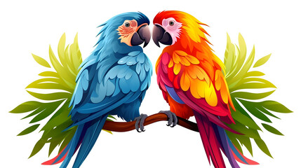 Obraz premium Colorful and vibrant cartoon vector illustration of a beautiful parrot couple in love