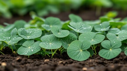 Freshly planted seedlings with dew drops
