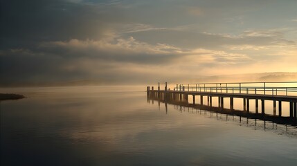 Tranquil Morning Mist at Jetty Creates Serene Coastal Atmosphere Illuminated by Gentle Soft Sunrise Glow