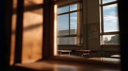Peering through window into vacant sunlit space reveals minimalist studio filled with calm natural light