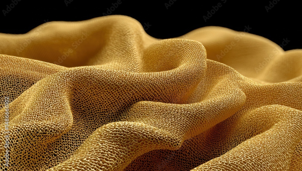 Poster abstract golden fabric texture: draped, woven, 3d render of luxurious golden textile with intricate 