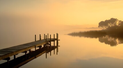 Fototapeta premium Experience Morning Calm at the Jetty with Early Mist Rising Softly Over Tranquil Coastal Waters