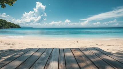 Fototapeta premium Quiet empty table on a tropical beach, golden sand, and calm blue water in the distance 