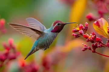 Fototapeta premium Hummingbird feeding nectar flower colorful