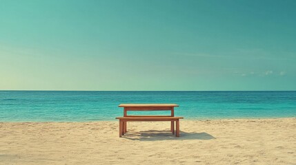 Fototapeta premium Quiet empty table on a tropical beach, golden sand, and calm blue water in the distance 