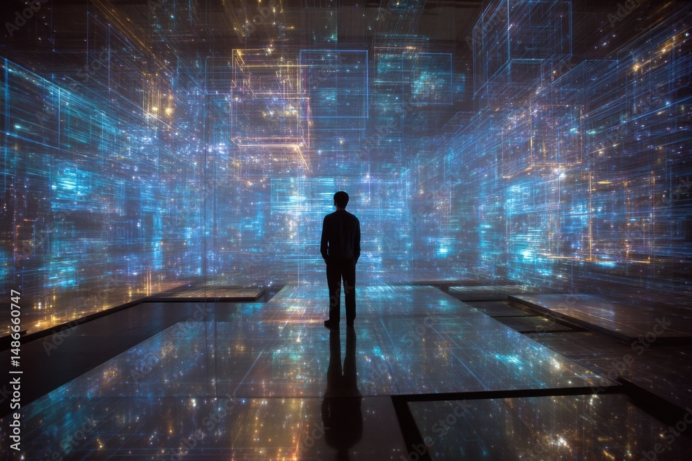 Poster Silhouette of a man standing in a futuristic digital cityscape, illuminated by glowing lines and data streams, reflecting on a reflective floor. : Generative AI