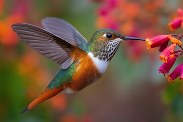 Naklejka premium Hummingbird feeding on flower nectar wildlife scene