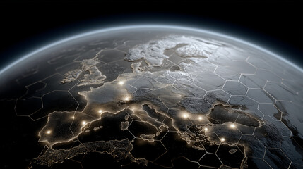 Metallic Europe Map in Space with Hexagon Grids and Energy Nodes