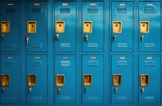 A row of teal blue school lockers with gold keyholes and keys in each lock, creating a vibrant and organized storage system. : Generative AI