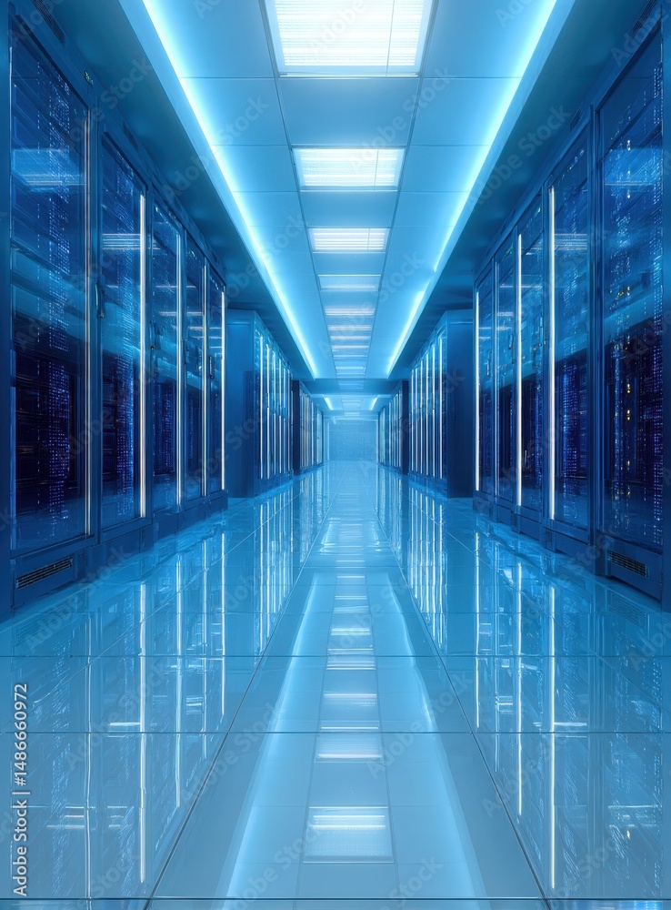 Poster a futuristic server room corridor with sleek, blue-lit racks and a highly polished floor reflecting 