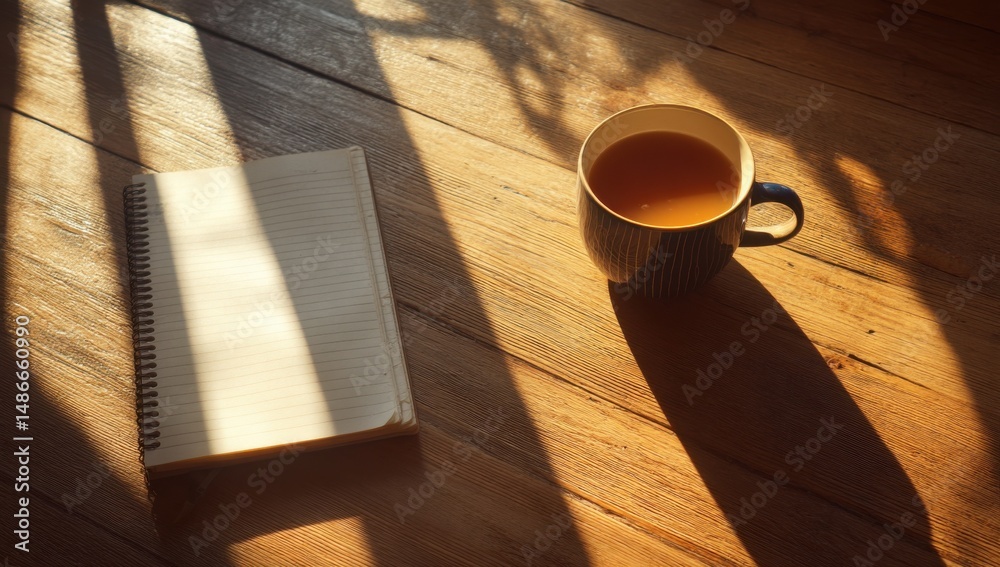Aufkleber a spiral notebook rests beside a mug of tea on a rustic wooden table, bathed in warm sunlight stream
