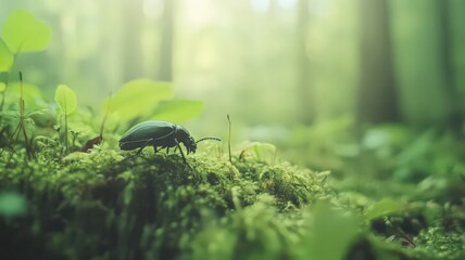 Close Up of a Beetle Walking Through a Mossy Forest Floor with Soft Natural Lighting
