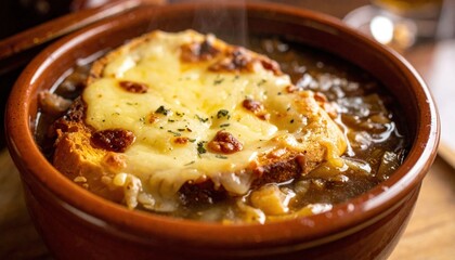 Hearty French Onion Soup In Rustic Bowl