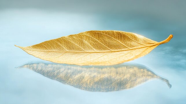 Golden leaf reflection tranquil nature macro photography - Powered by Adobe