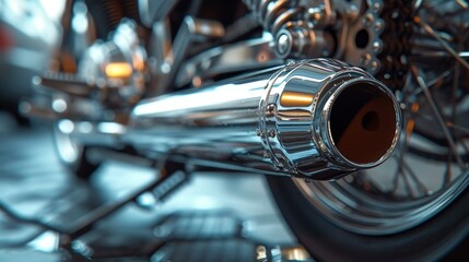 Fototapeta premium Explore the stunning details of a chrome exhaust pipe, reflecting precision and engineering excellence up close.