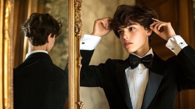 Young person in tuxedo adjusting bow tie ornate mirror reflection classic style portrait
