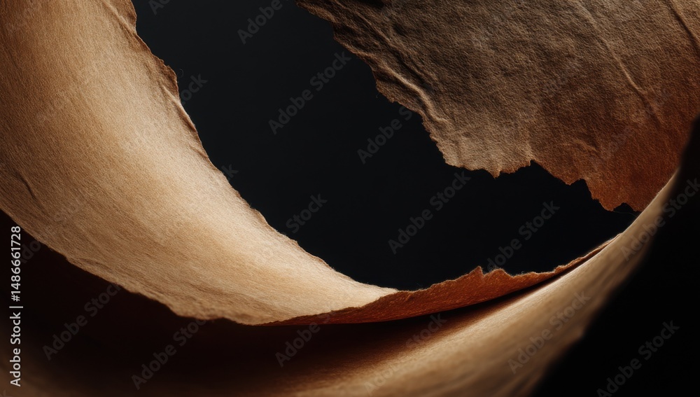 Poster close-up of a torn piece of brown paper, revealing a dark background. the texture is rough and the e