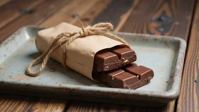 Milk chocolate bars wrapped in brown paper, on a rustic wooden table, for food blogs